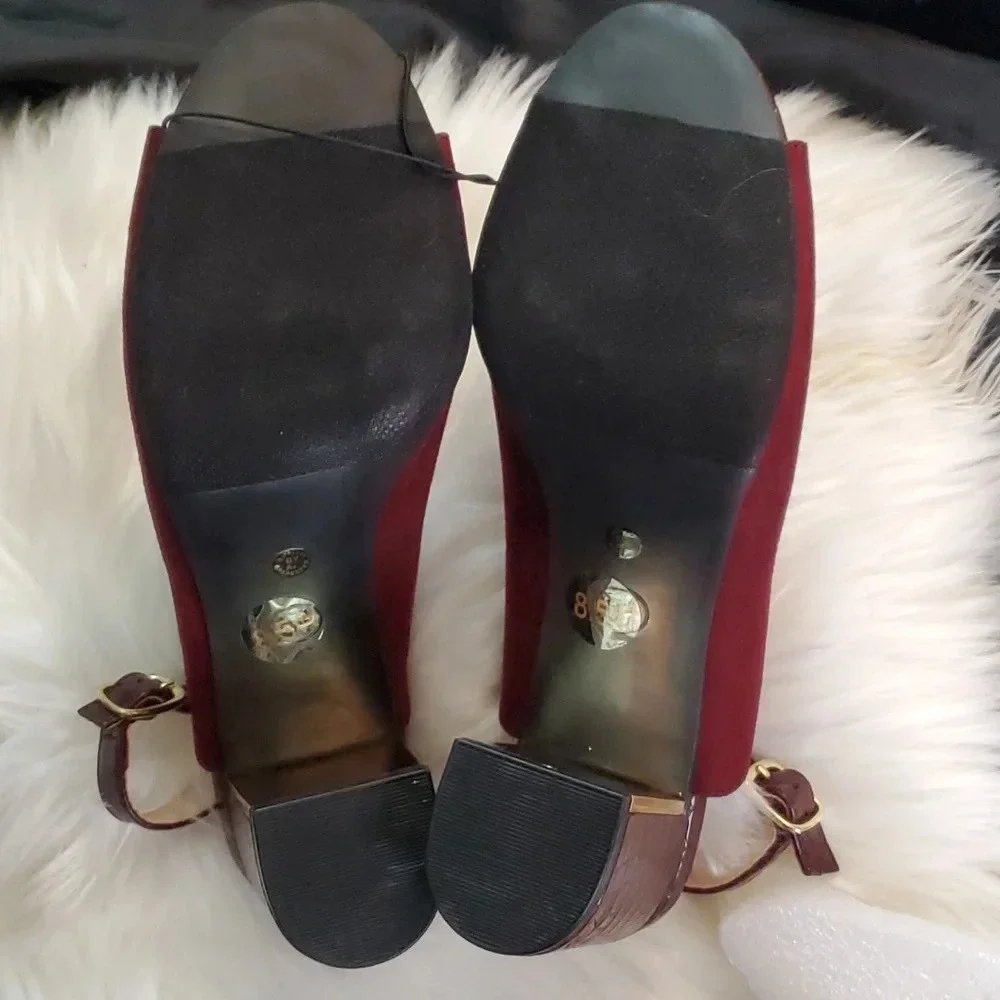 NEW Liz Claiborne Suede Like Burgundy,Gold and Textured Heel, Adjustable Buckle